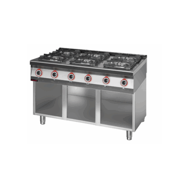 900.KG-6.S Kuchnia gazowa 6 palnikowa 2x4,5kW + 2x7,5kW + 2x9,0 kW na podstawie szafkowej otwartej