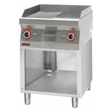 700.PBE-600GR.S Płyta grillowa 1/2gł. + 1/2ryf. chromowana 600 mm 8kW na podstawie szafkowej otwartej